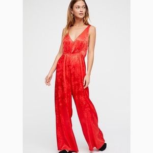 Free People Red Zuri Floral Jacquard Satin Extreme Wide Leg Jumpsuit